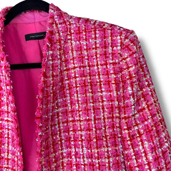 Ann Taylor NWOT The Cutaway Pink Red Fringe Tweed Open Front Jacket Size 12 - Picture 8 of 10